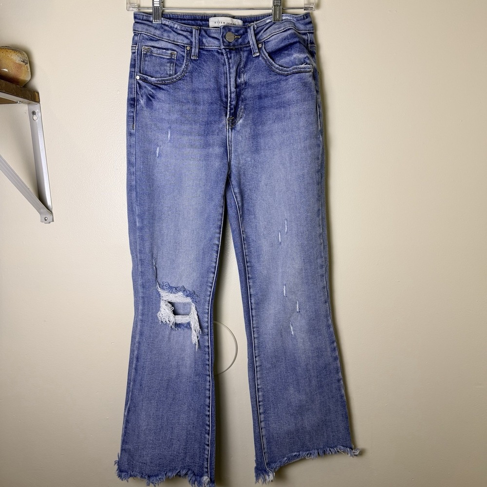 RISEN Jeans Womens Size 5/27 High Rise Distressed Flare Jeans Frayed Hem Blue